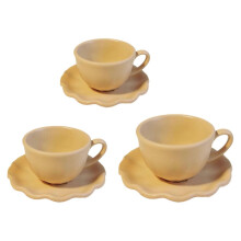 (FuguangOrange) 3Pieces Coffee Cup Saucer Set With Flower Trim Miniature Furniture Doll House Scene Display Decoration For Collector Yellow