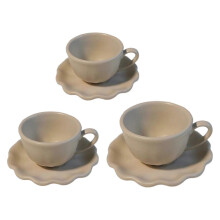 (light tea brown) 3Pieces Coffee Cup Saucer Set With Flower Trim Miniature Furniture Doll House Scene Display Decoration For Collector Yellow