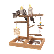 Wooden Parrot Playstand with Feeder Cups, ChewResistant MultiTier Perches for Indoor Outdoor Birds