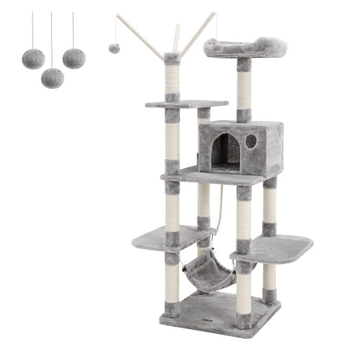 FEANDREA FEANDREA Cat Tree, Cat Condo with Hammock, Perch, Cat Tower, Light Grey PCT86W