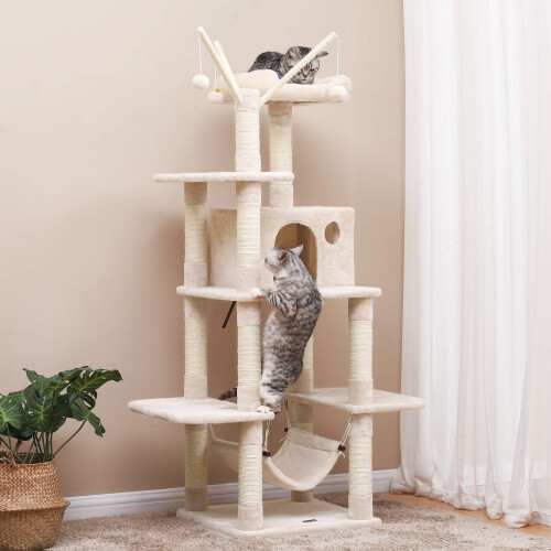FEANDREA FEANDREA Cat Tree, Cat Condo with Hammock, Perch, Cat Tower, Beige PCT86M 1