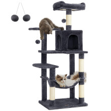 Feandrea Cat Tree Tower, 143 cm Multi-Level Plush Cat Condo with 4 Scratching Posts, 2 Perches, Cave, Hammock, Pompoms, Smoky Grey PCT161G01