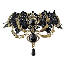 Verstelbare choker ketting voor dames, handgemaakt gotisch zwart kant met kristallen kwastje, vintage vampier statement piece, steampunk
