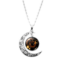 Pingente astrológico para elegância diária, colar com signo do horóscopo e motivo de lua crescente galáctica, acessórios modernos com signos do