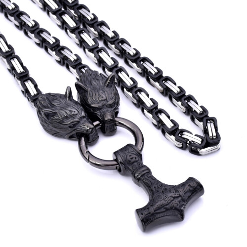 Κολιέ Viking Thor's Hammer για άνδρες, μενταγιόν Thor's Hammer με κεφαλή λύκου, βυζαντινή