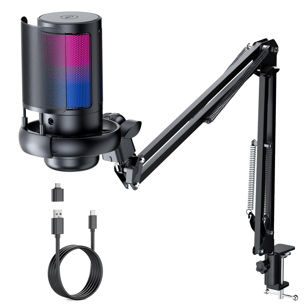 Qiuoio Light Rgb Gaming Microphone With Boom Arm: Usb Mic For Pc - Streaming Microphone - Podcast Microphone Accessories - Mic For Computer - Suit For