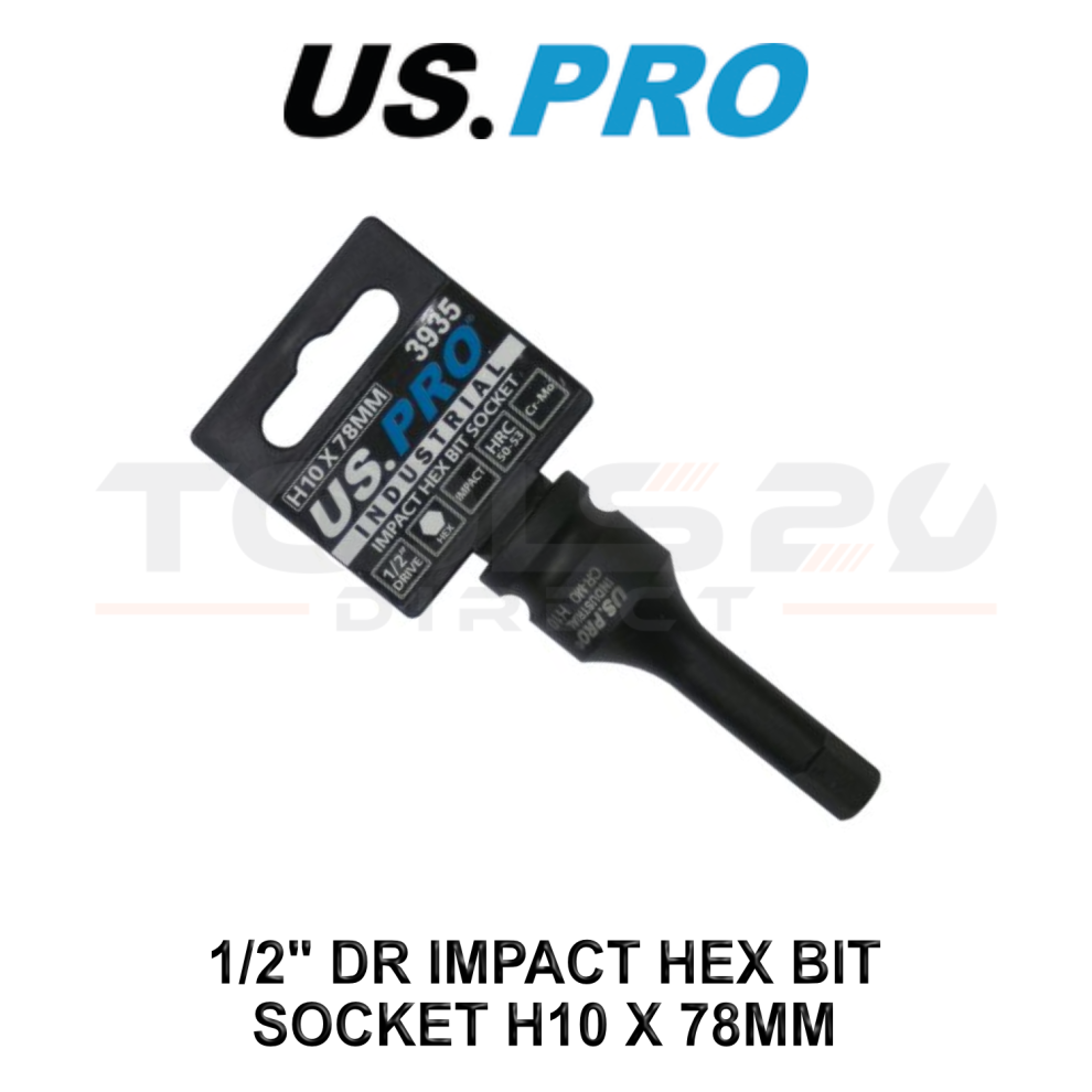 Us Pro Tools 1/2" Dr Impact Hex Bit Socket H10 X 78Mm Cr-Mo Finish 3935 Black