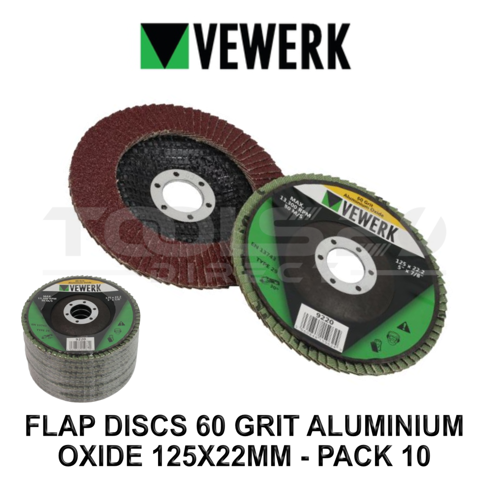 Vewerk 10Pc Type 29 Flap Discs 60 Grit Aluminium Oxide 125Mm X 22.2Mm 9220 5060848159624