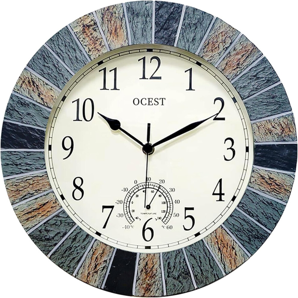 Ocest 13 Inch Garden Clocks Outdoor Waterproof, Large Retro Wall Clock With Thermometer Battery Operated Non Ticking Decorative For Patio Pool Kitchen 5051221813875