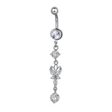 Dangle Belly Button Rings for Women, Stainless Steel CZ Inlaid Non Piercing Belly Jewelry with Butterfly Tassel Design, Hypoallergenic Fashion Piercin