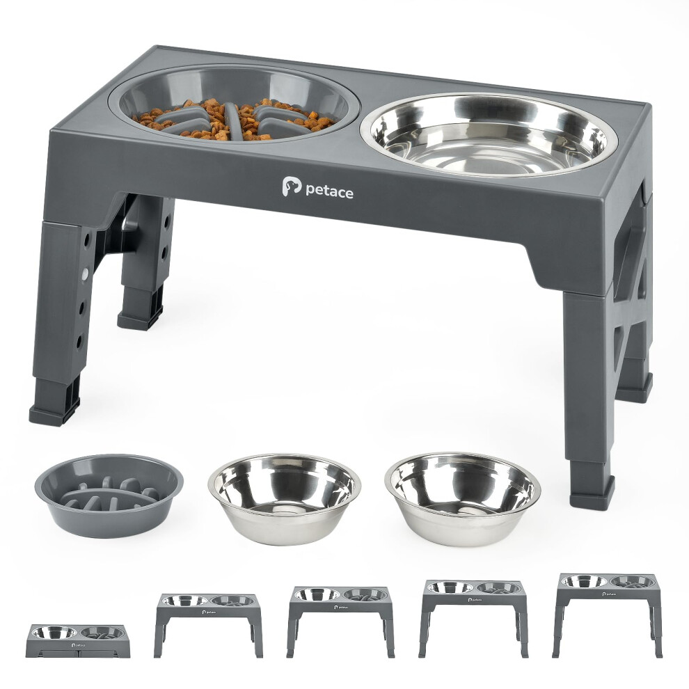 Petace Elevated Dog Bowls For Large Dogs, Raised Dog Bowl Stand With Slow Feeder Bowl & 2 Stainless Steel Dog Food Bowls, 5 Heights Adjustable For