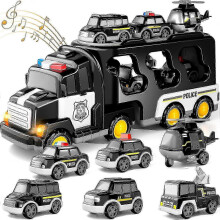 (Black) 7 In 1 Truck Friction Power Toy Car, Fire Truck Toys Construction Truck Toys Police Trucks Toys For Toddlers, Birthday Gifts For Kids