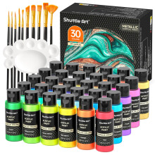 Shuttle Art Metallic Acrylic Paints Set, 30 Colours Metallic Paint in Bottles (60ml, 2oz) with 10 Brushes and Palette, Rich Pigments, Non-Toxic for