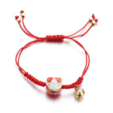 Geluksarmband met Maneki Neko-kat, gevlochten touw, verstelbaar ontwerp, keramische kraalaccent, Feng Shui-sieraad voor vrouwen, mannen en tieners,