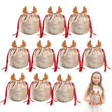 Sacolas de tecido reutilizáveis com cordão para o Natal, sacolas duráveis para as festas de fim de ano com cordão de fechamento prático, sacolas