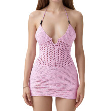 Stilvolles Häkel-Strickkleid mit zurückgebundener-Rosa S