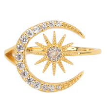 Squisita confezione regalo Anello regolabile, design stella e luna Anello aperto da donna placcato oro 18 carati con zirconi cubici, materiale