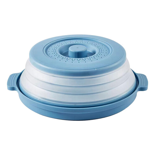 Microwave Splatter Cover Foldable Vented Lid with Vegetable Steamer Basket for Kitchen Blue