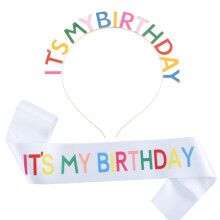 Center Of Attention Birthday Accessories Set, Durable Alloy Metal Rainbow Tiara with Adjustable Satin Sash, Colorful Words Gold Plated Design, Comfort