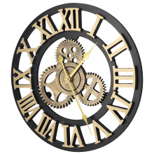 Wooden Wall Clock Oversized Handmade Vintage Decorative Industrial Large Round Non Ticking Silent Quartz Movement 3D Gear Design Hollow Process Model