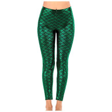 Zeemeerminlegging voor Dames in Glanzend Groen Vissenschaalontwerp, Stretchbroek met Hoge Taille voor Casual en Feestkleding-L