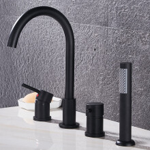 Black 4 Hole Bath Mixer Tap with Hand Shower, Waterfall Spout, 180 Swivel, Brass Bathroom Fixture