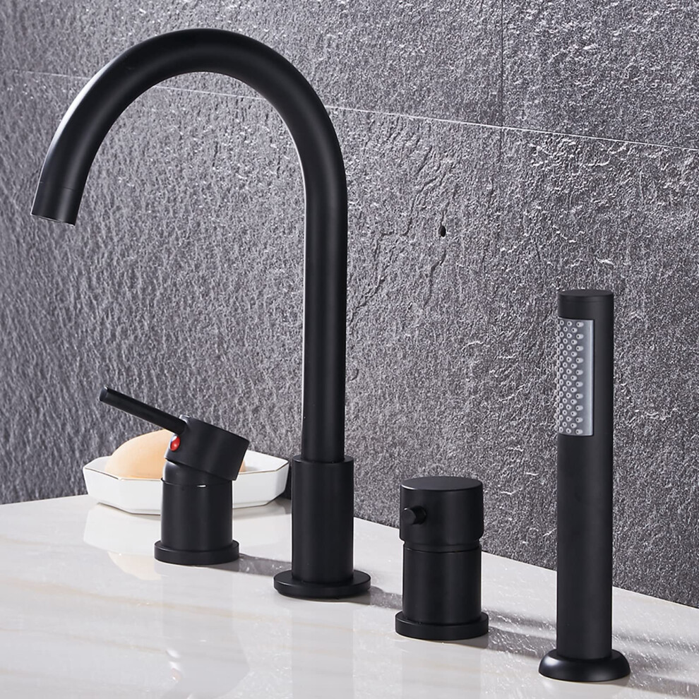 Black 4 Hole Bath Mixer Tap With Hand Shower, Waterfall Spout, 180 Swivel, Brass Bathroom Fixture 9199774181402