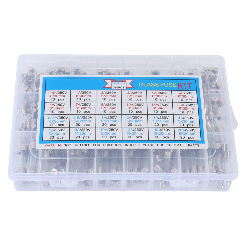 360Pcs Glass Tube Fuses Assortment Kit 0.25A-20A 250V 9481377271780