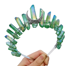 Prachtige hoofdband van kristalkwarts met maanversiering, handgemaakte Boheemse zonnegodinnenkroon voor Halloweenkostuums en bruiloften.