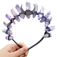 Squisita fascia per capelli in quarzo cristallino con decorazione a luna, corona artigianale in stile bohémien da dea del sole per costume di