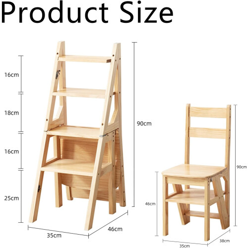 Wooden Folding Ladder Chair 4Step Solid Wood Step Stool MultiFunction Library Display Stand 2