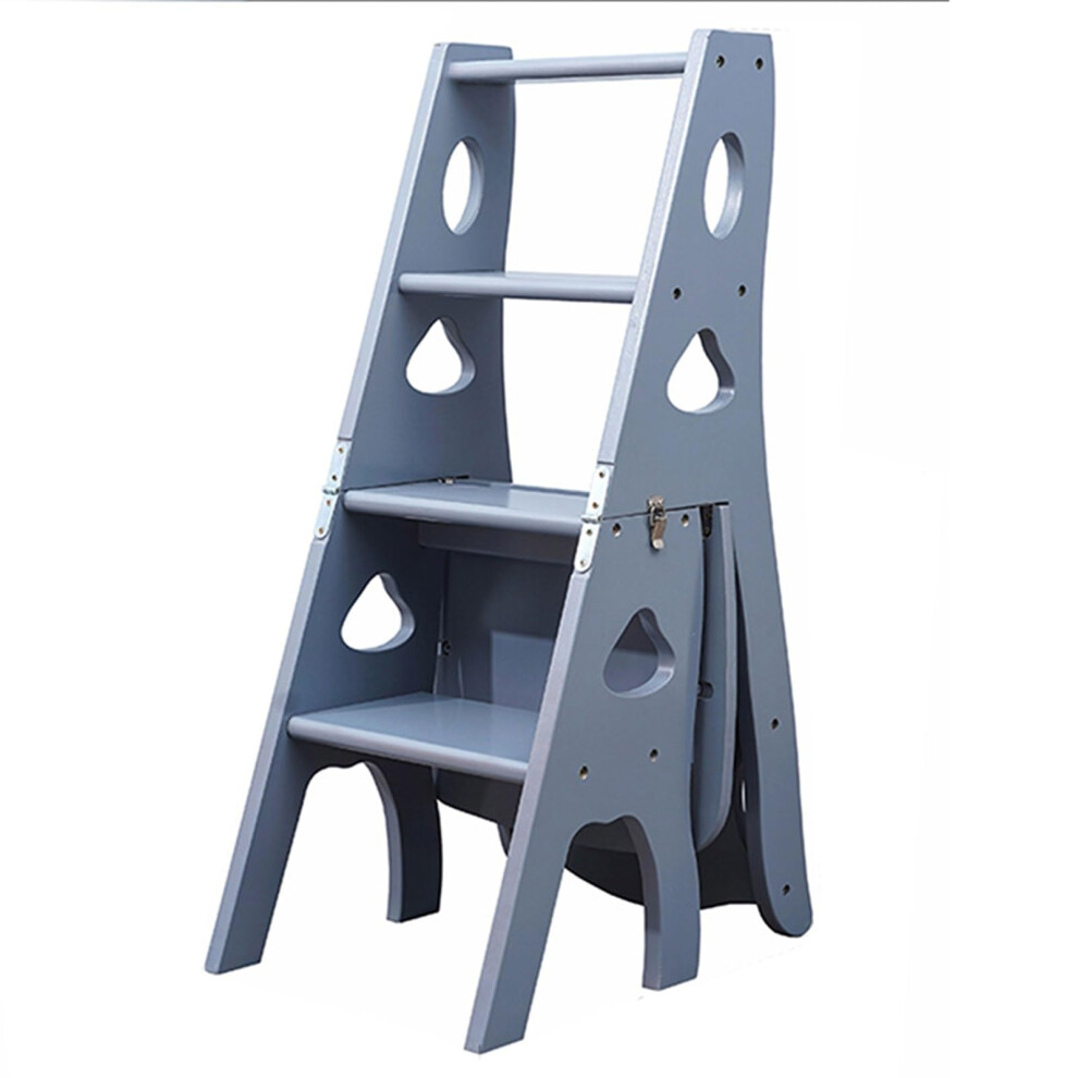 Wooden Folding Library Ladder Chair With Storage Shelf, 3In1 Step Stool For Home, Star Gray 9044945870244