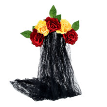 Festivalhoofdtooi met bloemenkroon, accessoire voor fotoshoots met handgemaakte details, elegante zwarte sluier met rozenprintkant, realistische