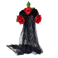 Blomsterkronepannebånd med slør, håndlaget krone til hodeplagg for de dødes dag, livlig roseblomsterkrone med realistisk utseende, elegant