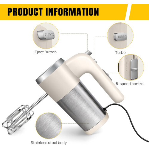 Hand Mixer Electric with 5 Speed Control, Turbo Boost, 2 Beaters and Dough Hooks for Baking 200W 1