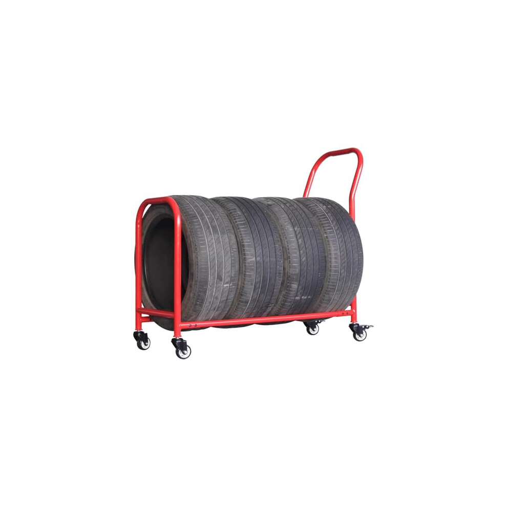 Rolling Tire Rack Garage Tire Storage On Wheels Mobile Tire Stand For Workshops Red Metal Tire Transport Carrier 9347817776447