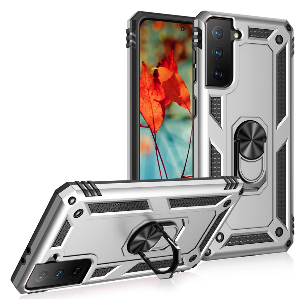 (Silver) Anti-Fall Phone Hybrid Pc + Tpu + Metal Case Cover With Finger Ring Kickstand For Samsung Galaxy S21 Fe - Black Black,Silver 6914280159195
