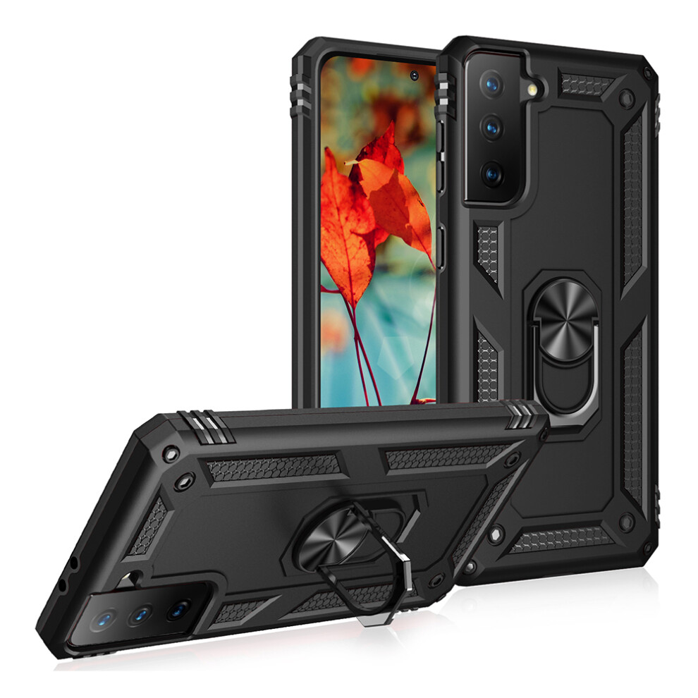 (Black) Anti-Fall Phone Hybrid Pc + Tpu + Metal Case Cover With Finger Ring Kickstand For Samsung Galaxy S21 Fe - Black 6914285210501