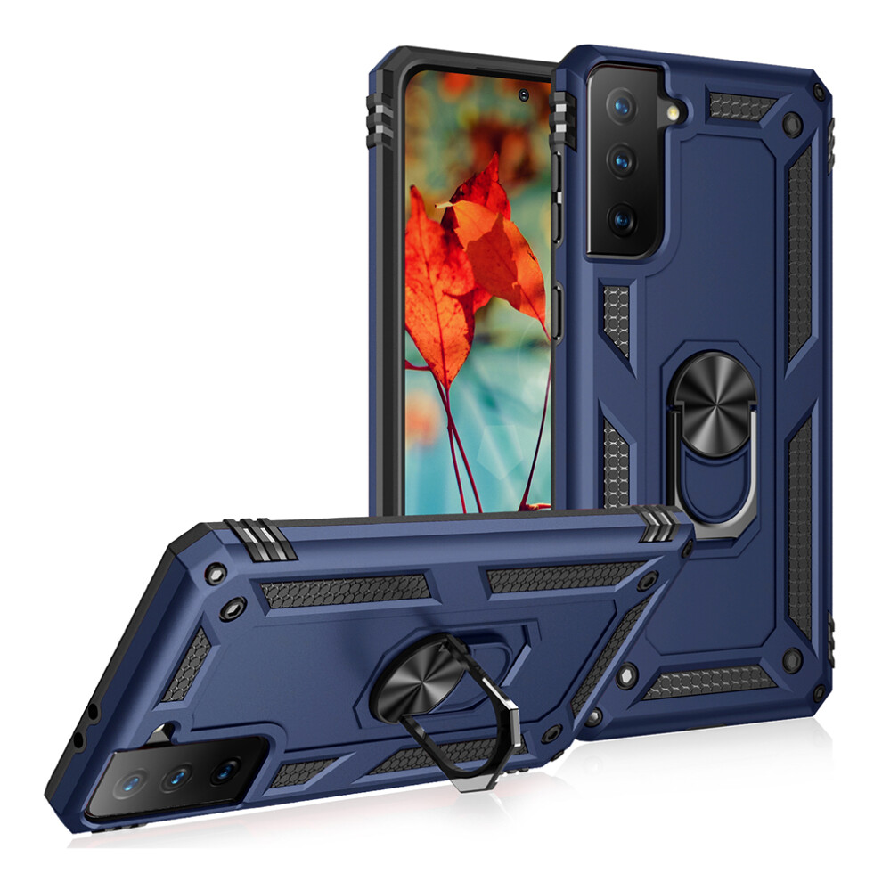 (Blue) Anti-Fall Phone Hybrid Pc + Tpu + Metal Case Cover With Finger Ring Kickstand For Samsung Galaxy S21 Fe - Black Blue,Black 6914285186639