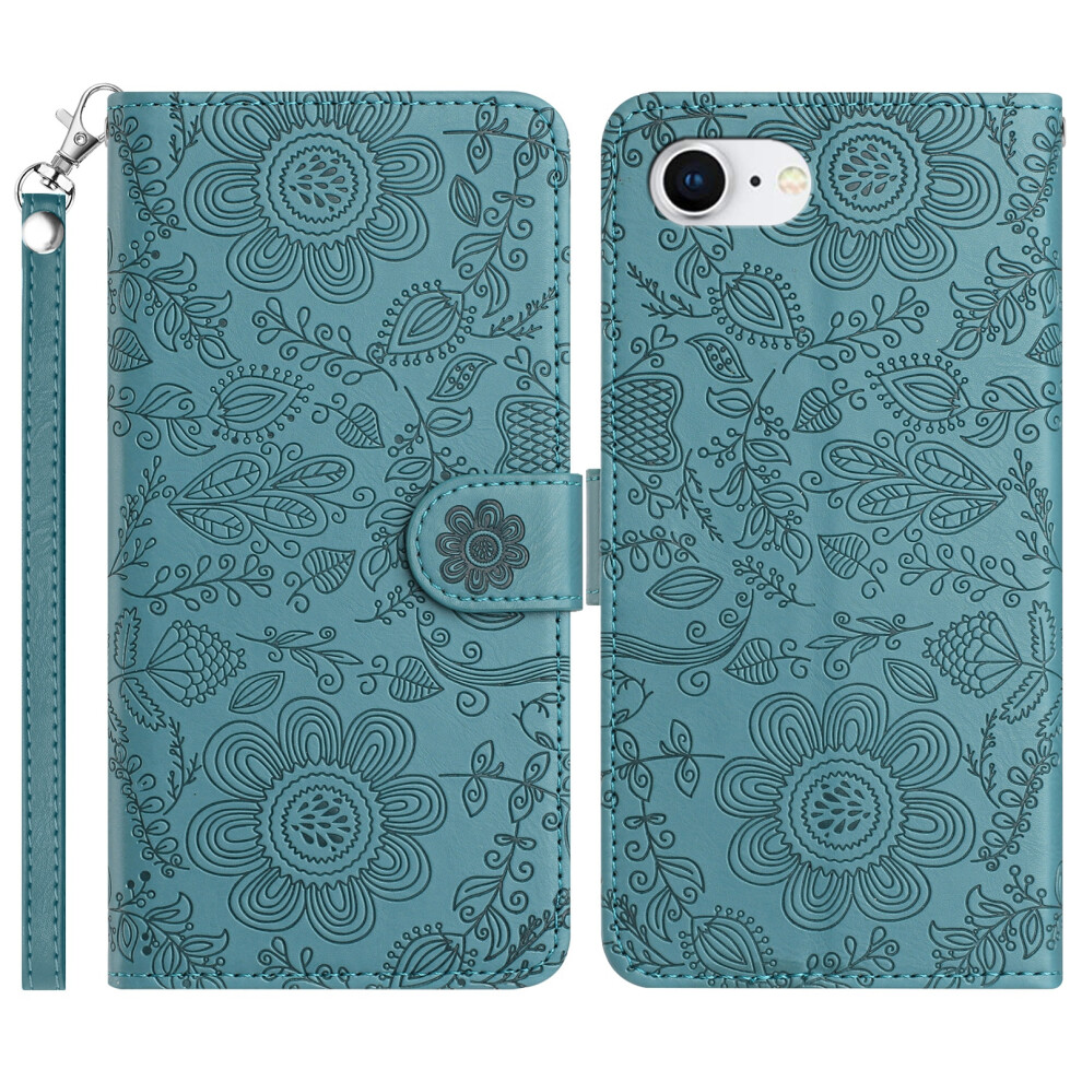 (Blackish Green) For Iphone 16E Case Flower Imprint Leather Flip Wallet Phone Cover With Wrist Strap - Red Green,Red 6914283704767