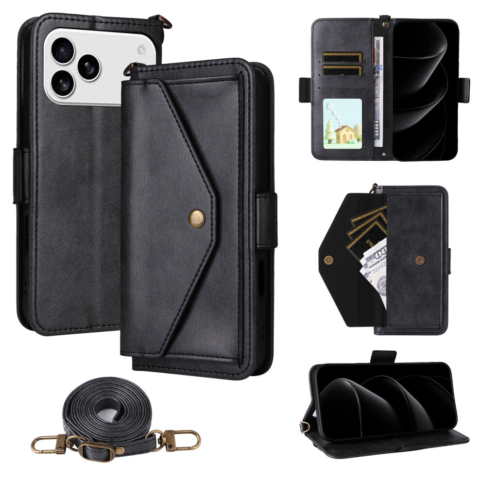(Black) For Iphone 17 Pro Leather Case Magnetic Closure Wallet Stand Phone Cover With Crossbody Strap - Black 6914281251652
