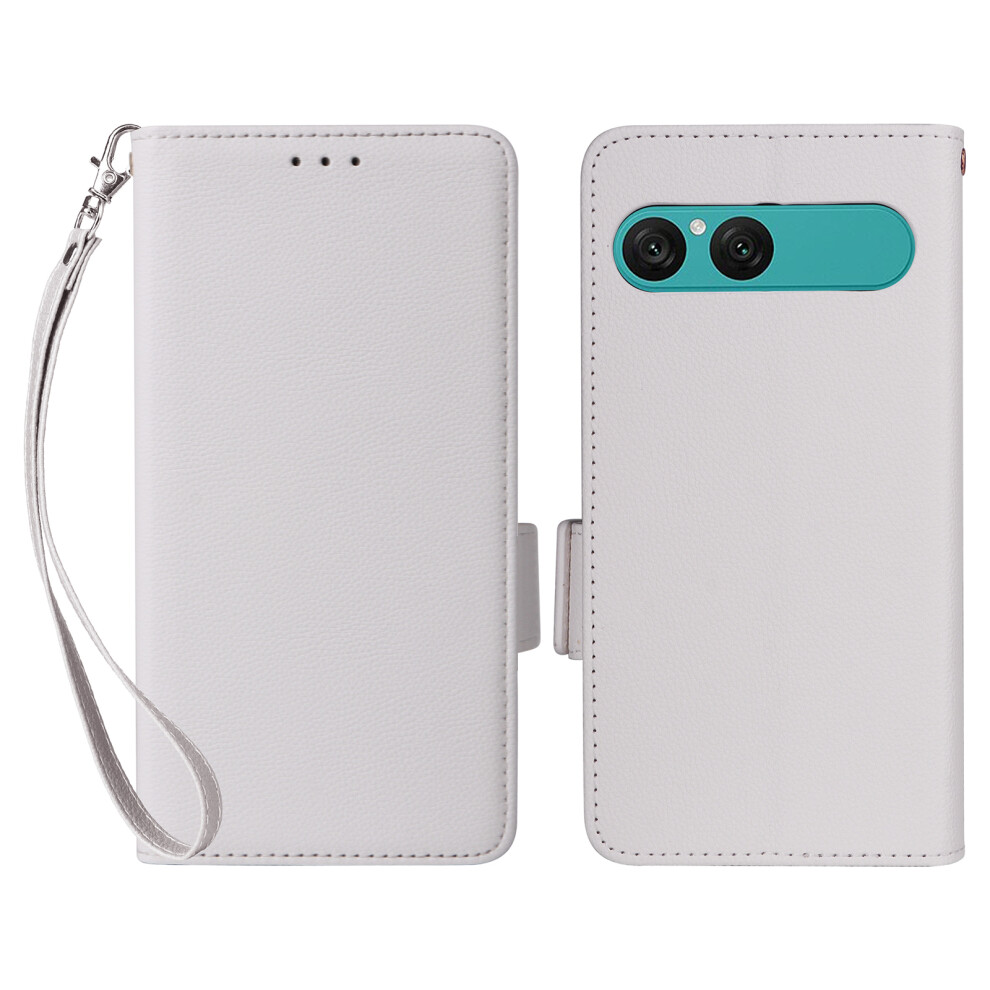 (White) For Sony Xperia 10 VII Case Litchi Texture Wallet Leather Phone Cover with Wrist Strap - White
