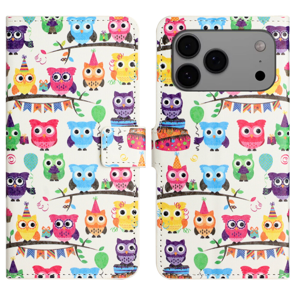 (Owls Sticker) For Iphone 17 Pro Max Case Pattern Print Pu Leather Wallet Phone Cover - Butterfly Black 6914284461003