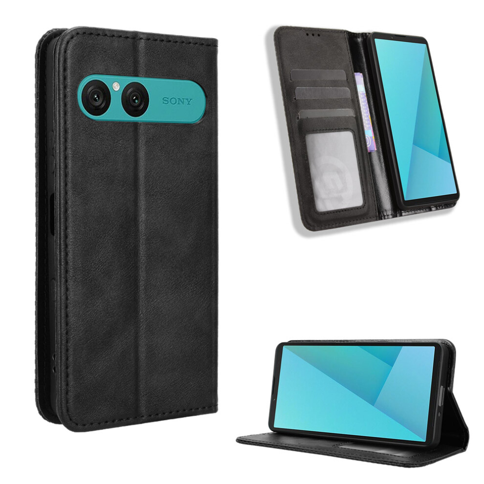 (Black) For Sony Xperia 10 Vii Leather Case Wallet Stand Retro Texture Phone Cover - Black 6914283793747