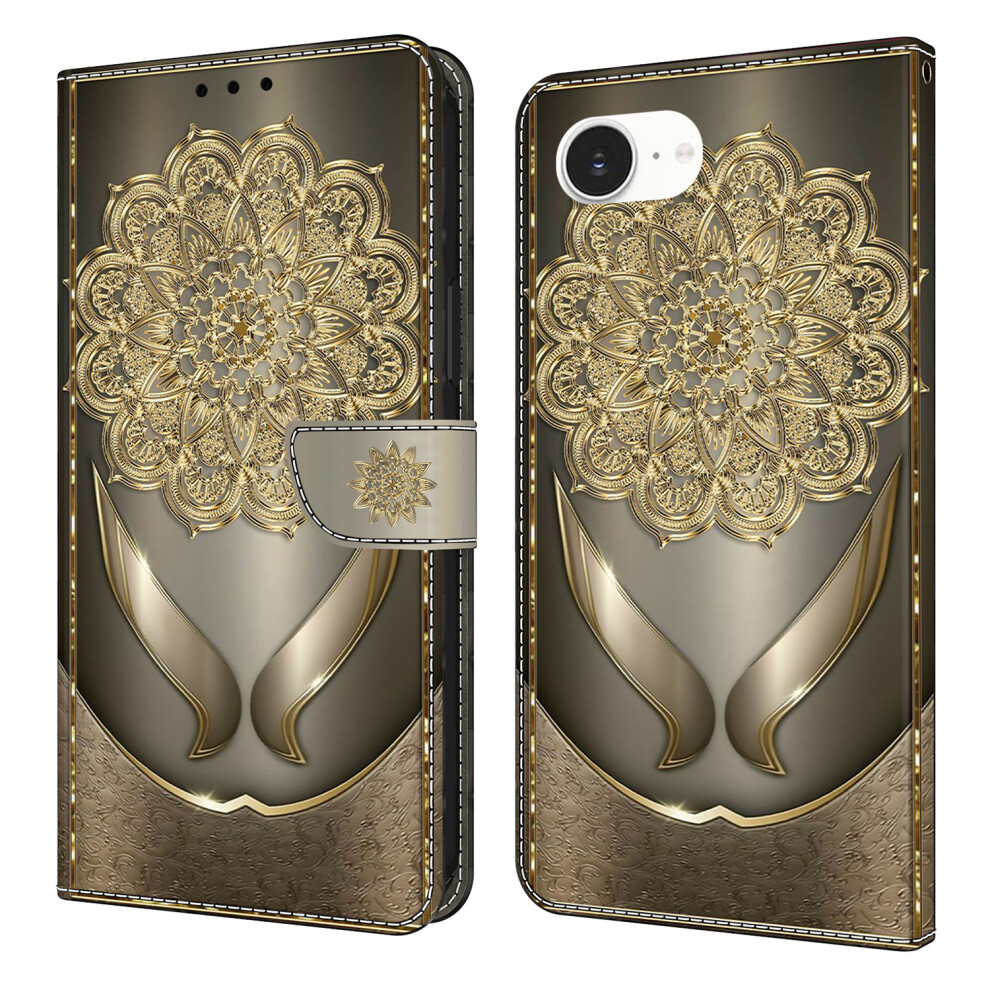 (Shining Flowers) For Iphone 16E Wallet Case Pattern Printing Pu Leather Flip Stand Phone Cover - Dragonfly Golden 6914283648276