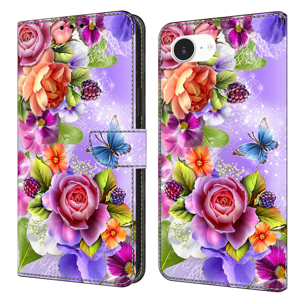 (Flowers) For Iphone 16E Wallet Case Pattern Printing Pu Leather Flip Stand Phone Cover - Dragonfly 6914289635485