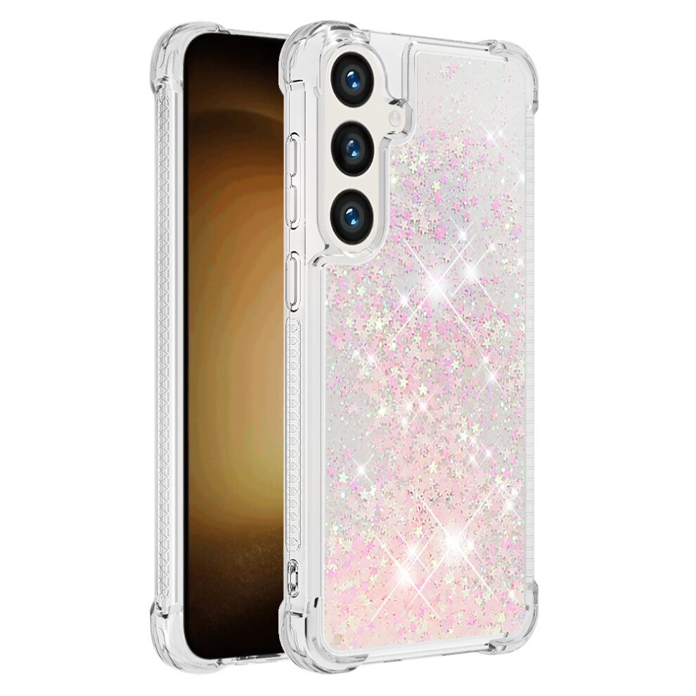 (Pink / Pentagrams) For Samsung Galaxy S25 Fe Tpu Case Glitter Quicksand Shockproof Phone Back Cover - Rose Gold / Hearts Pink,Gold 6914284926892