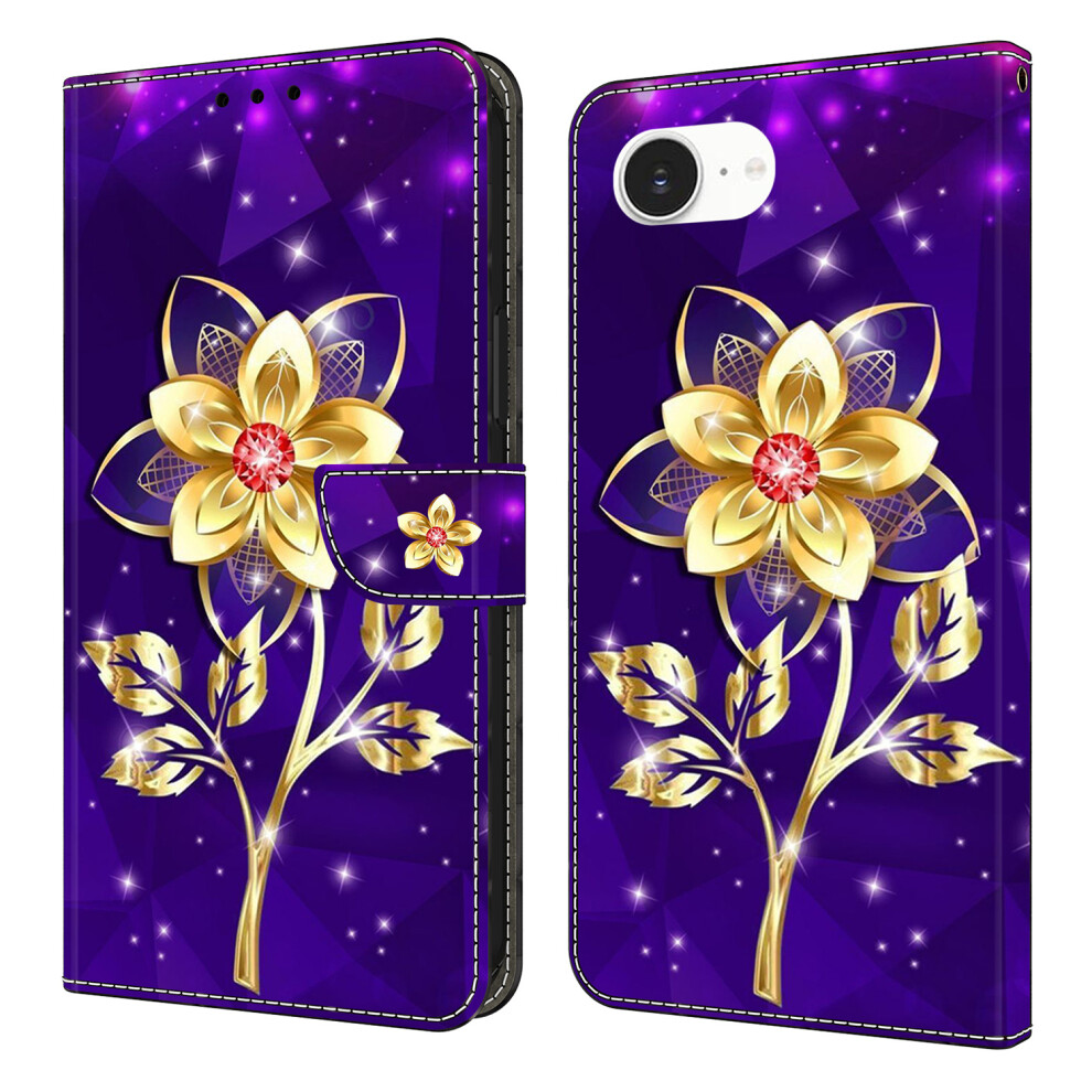 (Golden Flowers On ) For Iphone 16E Wallet Case Pattern Printing Pu Leather Flip Stand Phone Cover - Dragonfly Purple 6914285741524