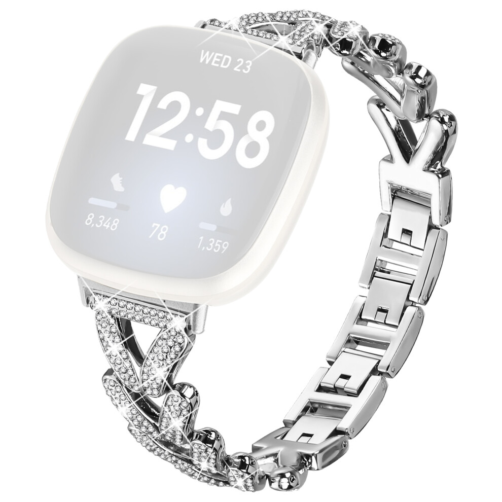 (Silver) Zinc Alloy Twisted Watch Band Rhinestone Decor For Fitbit Versa 4 / Fitbit Sense 2 Watch Strap - Starlight Silver 6914284957384