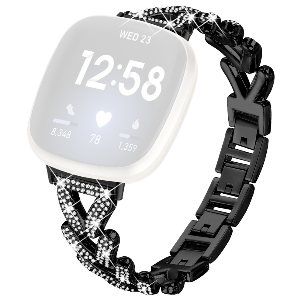 (Black) Zinc Alloy Twisted Watch Band Rhinestone Decor For Fitbit Versa 4 / Fitbit Sense 2 Watch Strap - Starlight Black 6914288911115